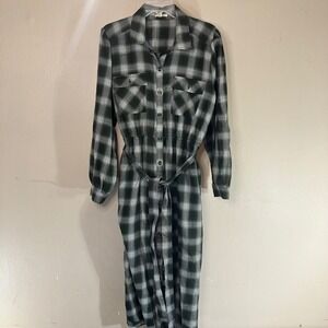 Kate‎ & Sam Green Plaid Button Up Midi Shirt Dress XXL Long Sleeve Belted Pocket
